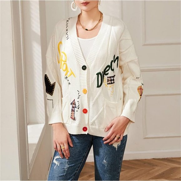 Women's Cute Cable Knit Open Front Kawaii Long Sleeve Button Embroidered Sweater - Picture 4 of 7